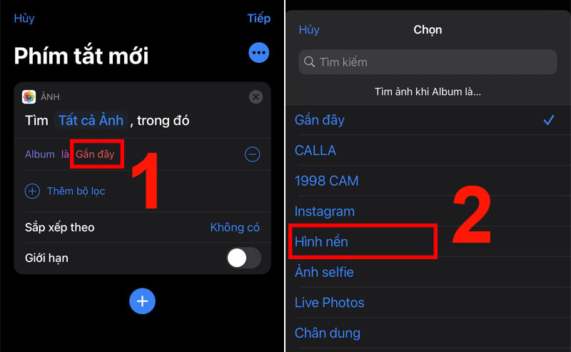 Nhấn chọn Gần đ&acirc;y > Chọn album h&igrave;nh nền m&agrave; bạn vừa tạo ở tr&ecirc;n.